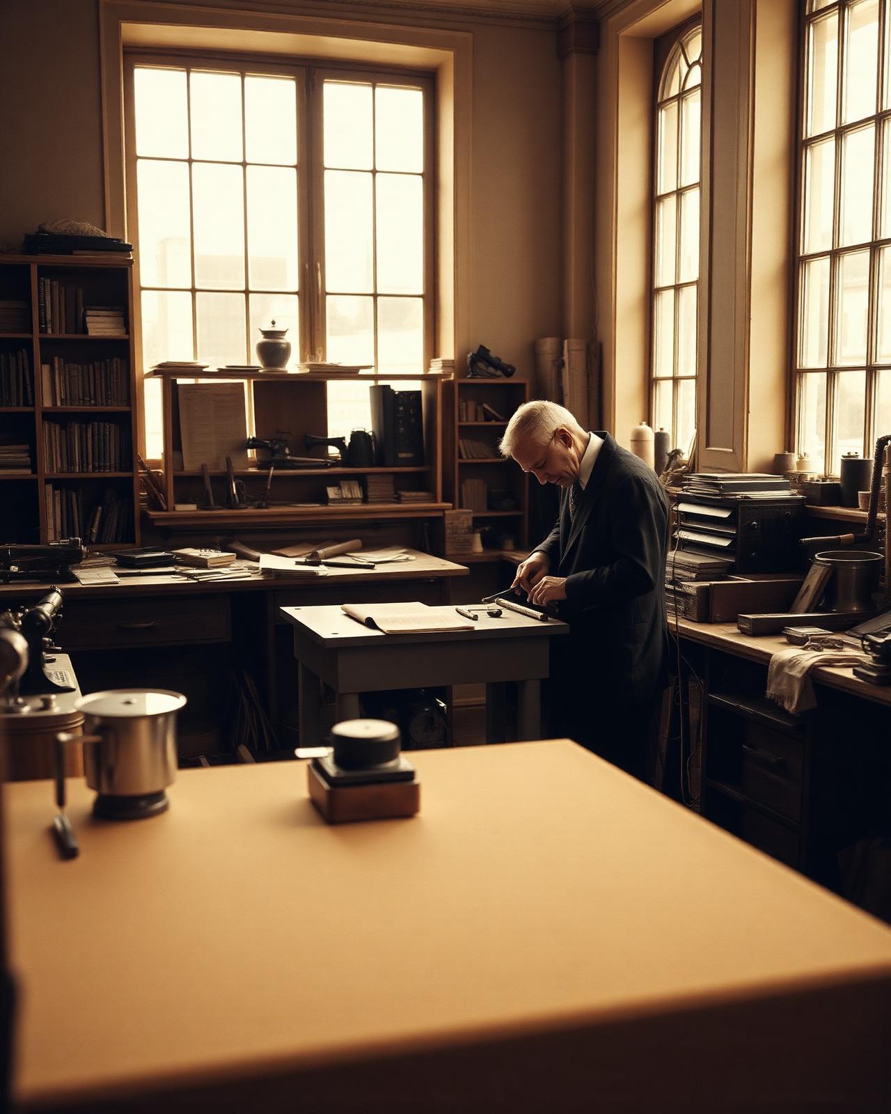 Master craftsman at a sunlit atelier bench