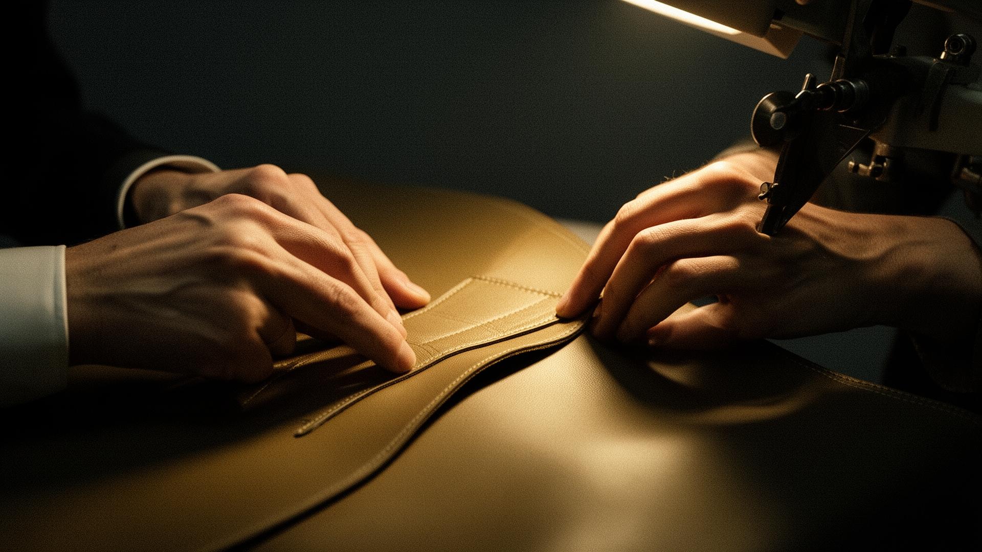 Artisan hands stitching premium leather under warm light